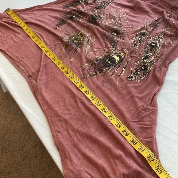 Monroe & Main blouse short sleeves peacock feathers print  shark bite size Large - Picture 4 of 7